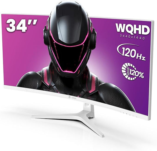 CRUA 34" Curved Gaming Monitor, WQHD 3440x1440, 120Hz Computer Monitors, 1500R VA Screen, 120% sRGB, AMD FreeSync, Blue Light Filter, HDMI 2.0 & DP 1.4, Wall Mountable Installs- White