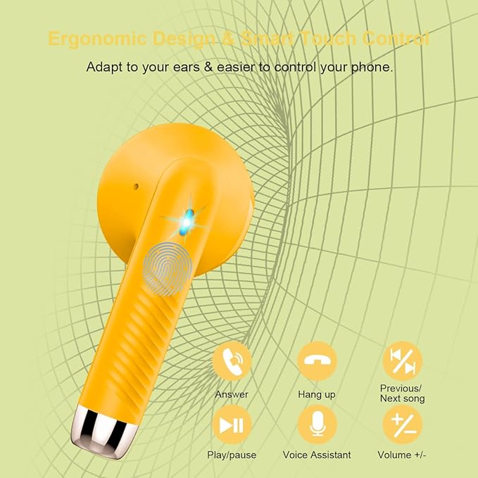 Wireless Earbuds, Bluetooth 5.4 Headphones in Ear with Noise Cancelling Mic, Bluetooth Earbuds Stereo Bass, IP7 Waterproof Sports Earphones, 32H Playtime USB C Charging Ear Buds Yellow for Android iOS