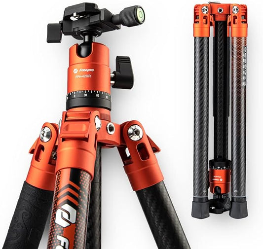 Fotopro Carbon Fiber Tripod 60 Inch 360 Degree Ball Head Quick Release Plate Lightweight Camera Tripod for Travel Tripod Folded Height Only 14.2",Max Loads up to 22lbs,Orange