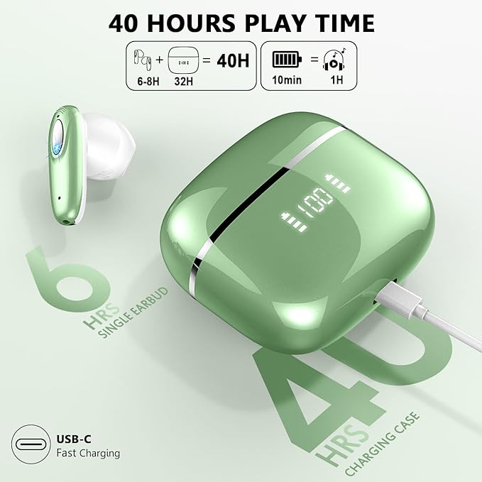 Wireless Earbud, Bluetooth Headphones 5.3 Built in 4 ENC Mic, Stereo Bass Wireless Earphones, 40H Bluetooth Earbud in-Ear Dual LED Display, USB-C, IP7 Waterproof Sports Ear Buds for Android iOS, Green
