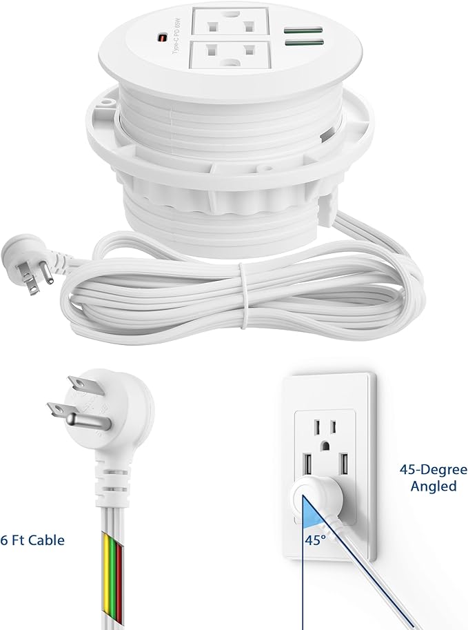 3-inch Desktop Power Grommet,Max 65W USB C Charger,2 Outlets and 3 USB, High-Speed Charging Station, Flush Mount Desk Hole Round Power Outlet, Recessed Power Strip,6ft Cord Flat Plug