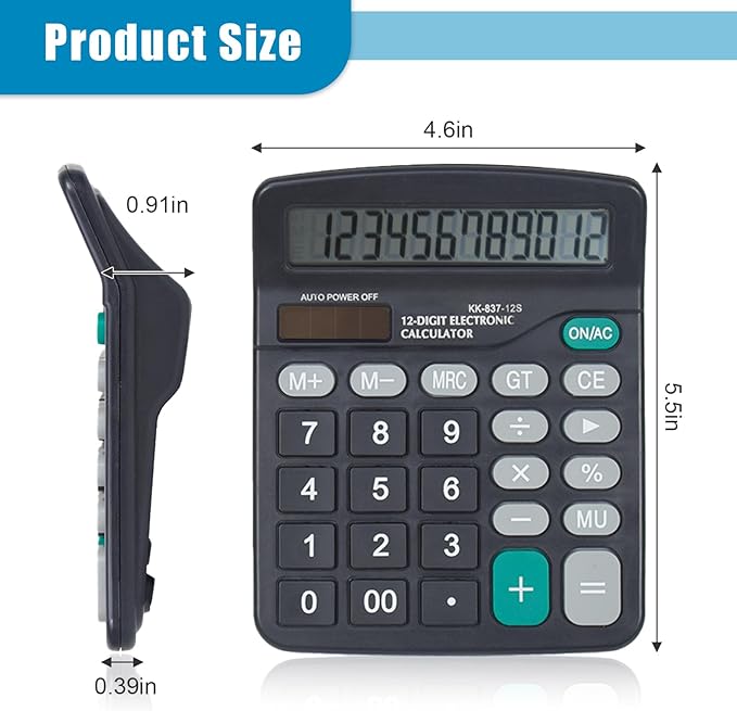 Marte Vanci 12 Digits Calculator with Large LCD Display, Desktop Basic Calculator with Big Buttons, Solar Power and AA Battery, for Office, Home, School(Black)