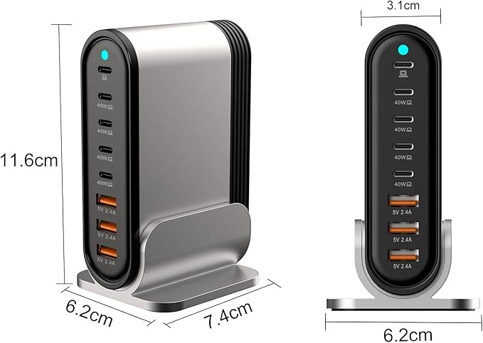USB C Fast Charger : Fast Charging Station : 285W-8 Port Desktop Multiple Devices Power Adapter for Laptop MacBook Pro/Air, DELL, Tablet iPad Pro/Air, iPhone 16/15/14, Galaxy S23/22