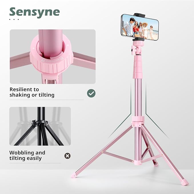 SENSYNE 88" Phone Tripod & Selfie Stick, Extendable Cell Phone Tripod Stand with Wireless Remote and Phone Holder, Pink