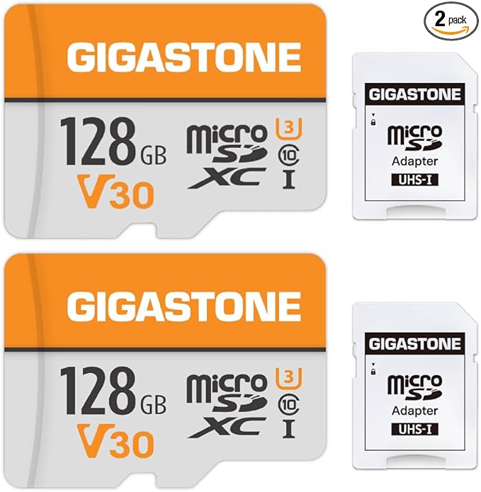 GIGASTONE 128GB Micro SD Card 2-Pack, A1 V30 4K Video Recording, Compatible with Security Camera, Dash cam, Drone, 95MB/s MicroSDXC Memory Card UHS-I Class 10, with 2 SD Adapter