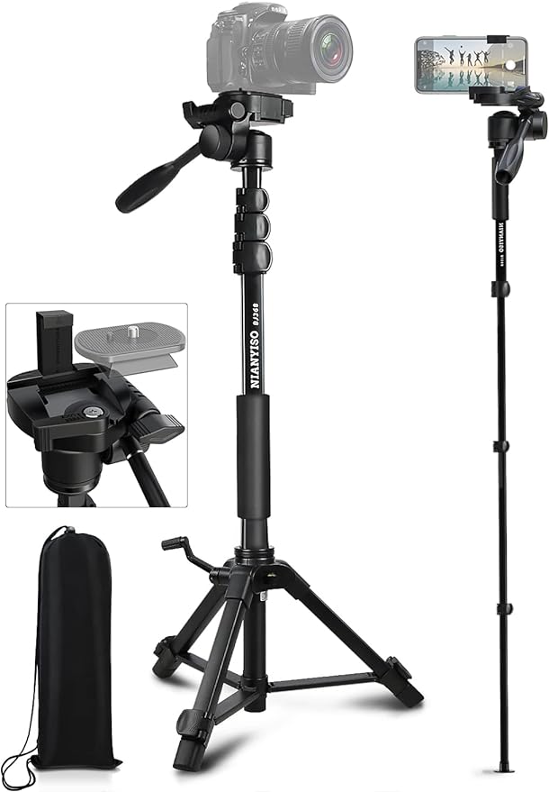 Camera Tripod 69 Inch, Patented 3-Way Swivel Portable Phone Tripod Professional Aluminum Alloy Travel Phone Camera Stand Monopod for Canon Nikon GoPro DSLR, DV Video Camcorder, Smartphone Black