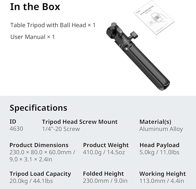 SmallRig Portable Mini Desktop Tripod, Aluminum Alloy Compact Small Tabletop Tripod with 360° Ball Head, 1/4 Screws Quick Release Plate for DSLR，Camera, Phone, Load up to 11 Pounds - 4630