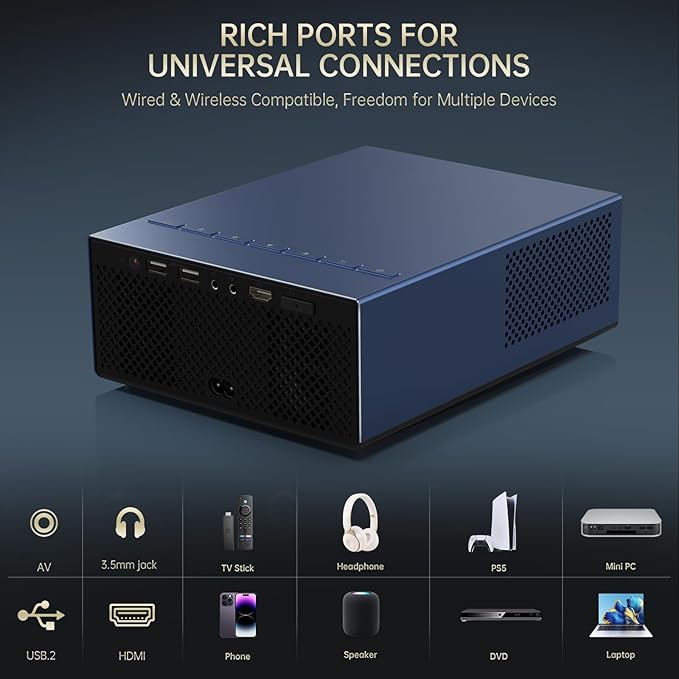 XIDU Portable Projector with WIFI and Bluetooth [Metal/2000ANSI/Native 1080P/Wireless Casting/Electric Focus/Auto Keystone]4K Outdoor Movie proyector for Home,Fire TV stick,iOS,Android,Laptop (Naval)