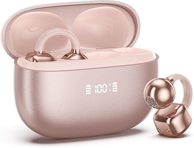 PAXA Clip On Earbuds, Clipbuds7 Open Ear Earbuds Wireless Bluetooth 5.4 with LED Display, Auto L-R Ear Recognition&Touch Control, Ultra-Light 4.5g Fit Comfort for Sports Fitness Daily Use, Rose Gold