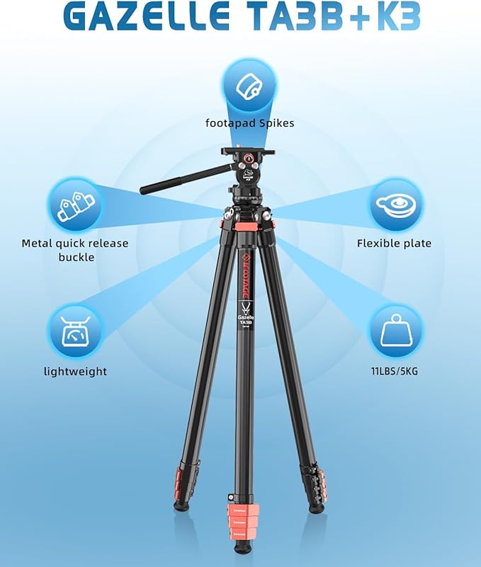 IFOOTAGE Gazelle Travel Tripod TA3B with Komodo Fluid Head K3,62/157.5cm Aluminum Alloy Tripod Kit for Camera,Smartphone Live Streaming Vlog Sony Nikon Canon Fuji DSLR,Load 11lbs,TA3B+K3