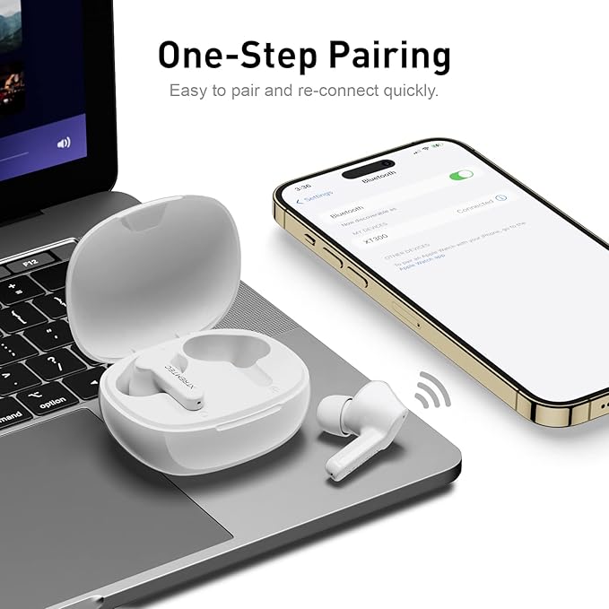 xtremtec Bluetooth Noise Cancelling Wireless Earbuds for iPhone/Android, in-Ear Sweatproof Stereo Bass Headphones, Immersive Sound Bluetooth 5.2 Earphones with Microphones,En-able Computer (White)