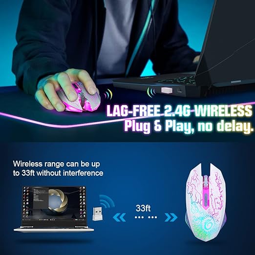 VersionTECH. Wireless Gaming Mouse, Rechargeable Computer Mouse Mice with Colorful LED Lights, Silent Click, 2.4G USB Nano Receiver, 3 Level DPI for PC Gamer Laptop Desktop Chromebook Mac-White