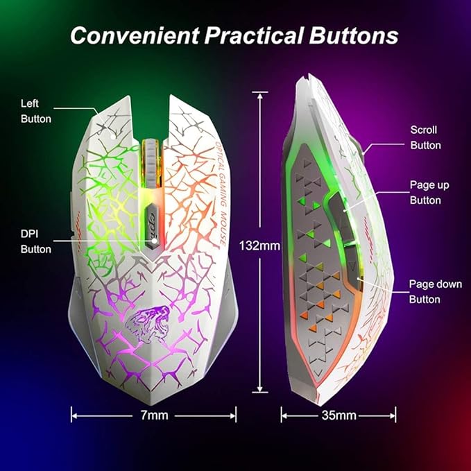 VEGCOO C10 Wireless Gaming Mouse, Rechargeable Gaming Mouse, Silent Optical Mice with 2.4G USB Receiver, 3 Ajustable DPI, 7 Colorful LED Lights for Gamer (White)