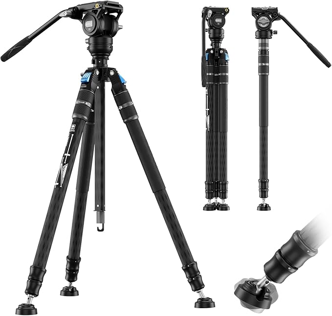 SIRUI SVS60 Carbon Fiber Tripod with S3 Fluid Video Head Kit, 68.5" One-Step Height Adjustment Travel Tripod & Monopods, Modular Compact with Triangular Center Column, ±15°Leveling, Max Load 13 lbs