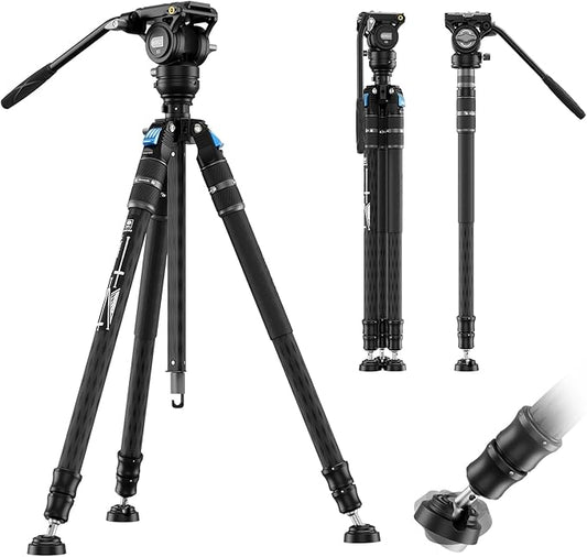 SIRUI SVS60 Carbon Fiber Tripod with S3 Fluid Video Head Kit, 68.5" One-Step Height Adjustment Travel Tripod & Monopods, Modular Compact with Triangular Center Column, ±15°Leveling, Max Load 13 lbs