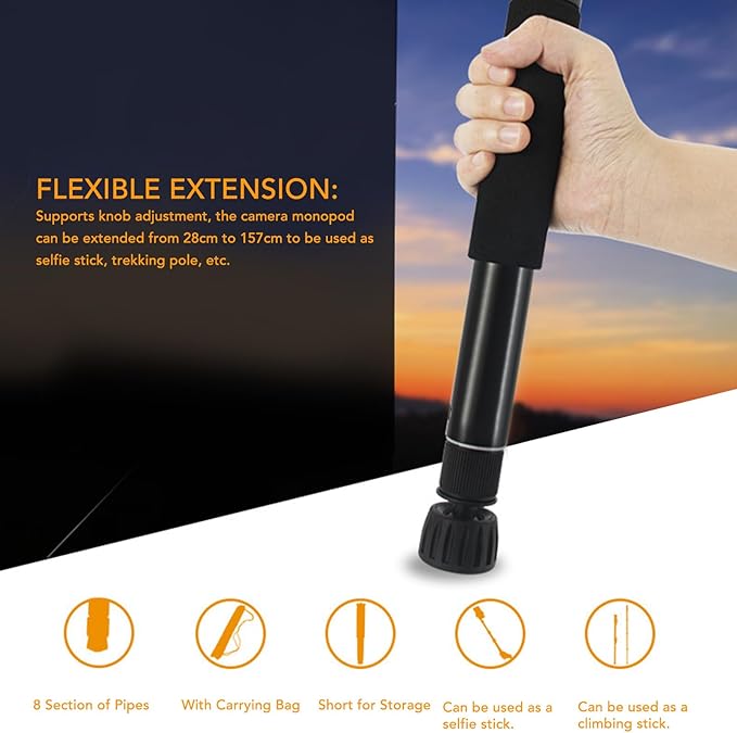 62 Inch Camera Monopod, 8 Sections Heavy Duty Monopod, Aluminum Photography Unipod Stick Trekking Pole with 1/4in to 3/8in Conversion Screw
