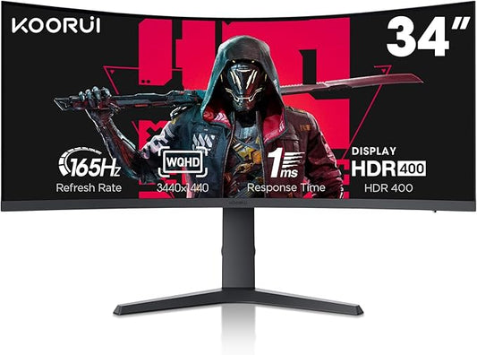 KOORUI 34-inch Ultrawide Curved WQHD 3440×1440 Gaming Monitor, 165Hz 144Hz Curved 1000R- PIP/PBP, 1ms(MPRT) with DisplayHDR 400, FreeSync Premium, 75 * 75mm VESA, HDMI/DisplayPort, 34E6UC