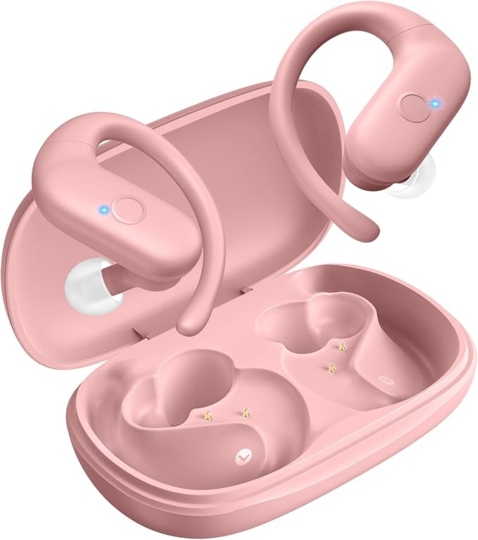 for Wireless Earbuds,Sport Bluetooth 5.4 Headphones,Over Ear Buds with Deep Bass Sound,60H Playtime Clear Calls Earphones Redesigned Comfort Fit with Earhooks for Running,Meeting,Workout-Pink