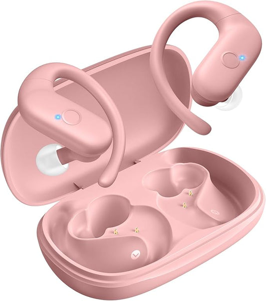 for Wireless Earbuds,Sport Bluetooth 5.4 Headphones,Over Ear Buds with Deep Bass Sound,60H Playtime Clear Calls Earphones Redesigned Comfort Fit with Earhooks for Running,Meeting,Workout-Pink