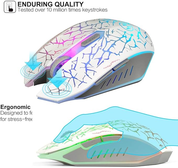 VEGCOO C12 Wireless Gaming Mouse,Rechargeable Mice Silent Click Cordless Mouse with 6 Buttons PC Gaming Mice Advanced Technology with 2.4GHZ Up to 2400DPI for PC Laptop (White)