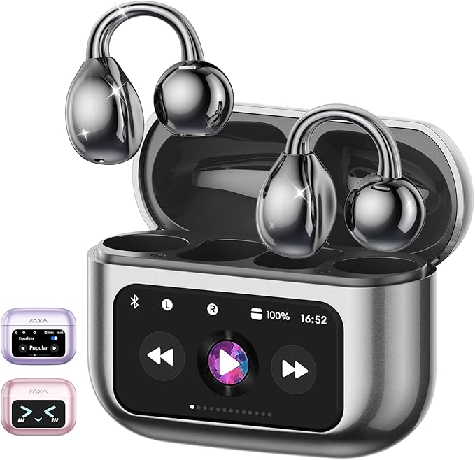 PAXA M100 Clip On Ear Headphones, Open Ear Earbuds Wireless Bluetooth 5.4, Clip On Earbuds with LCD Touchscreen, Lightweight Comfort Open Ear Headphones for Sports, Fitness, and Workouts, Black