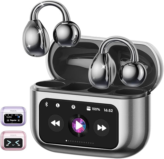 PAXA M100 Clip On Ear Headphones, Open Ear Earbuds Wireless Bluetooth 5.4, Clip On Earbuds with LCD Touchscreen, Lightweight Comfort Open Ear Headphones for Sports, Fitness, and Workouts, Black