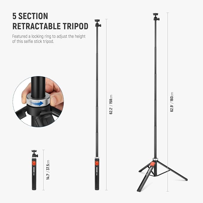 NEEWER Tripod for Cell Phone & Camera with Remote & Phone Holder Compatible with iPhone GoPro Canon Sony DSLR, 62.9" All Metal Portable Selfie Stick Travel Vlog Stand for Video Recording, TS05