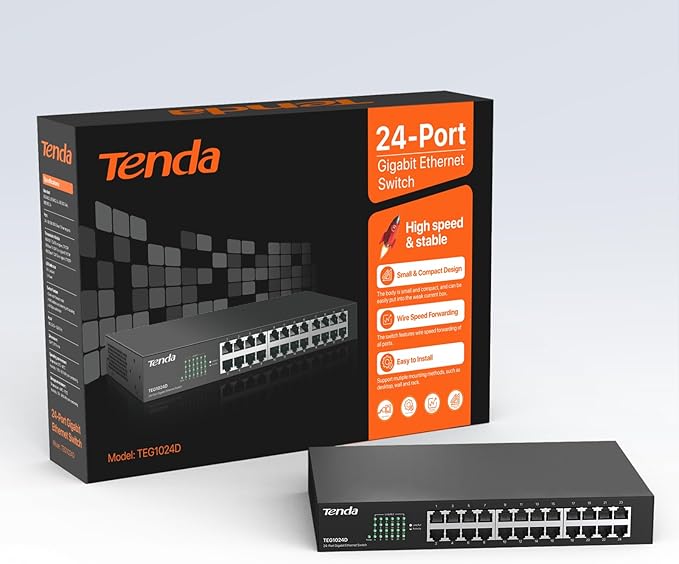 Tenda TEG1024D, 24 Port Gigabit Switch, Unmanaged Rackmount Ethernet Switch 24 Port with Traffic Optimization, Plug & Play, Fanless Quiet & Metal Design Network Switch, Limited Lifetime Protection