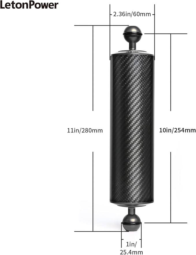 Black 10" Carbon Fiber Underwater Float Arm (2-Pack) - Ultralight Dual 1" Ball Buoyancy System for Diving Tray Video Lights & Strobes