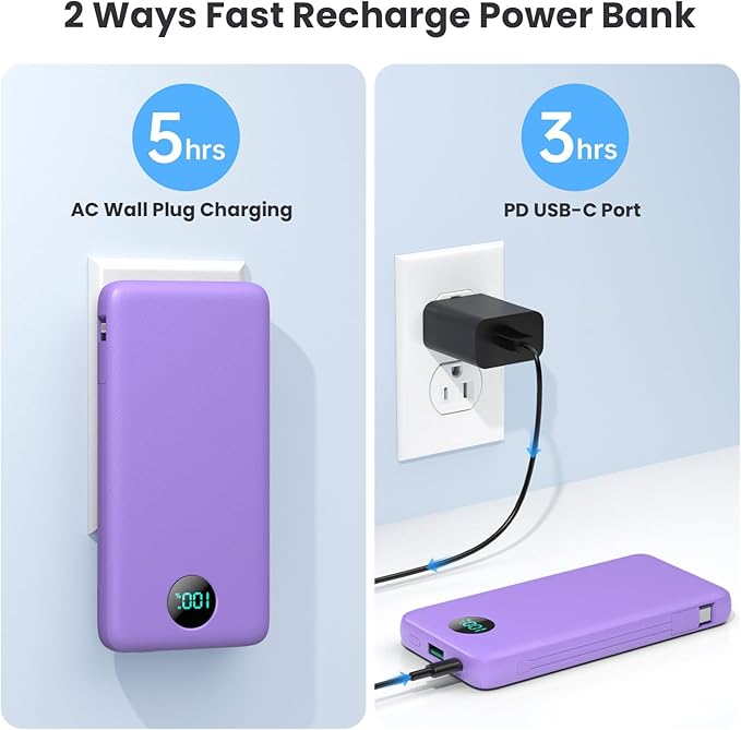 Portable Charger 13800mAh Slim USB C Power Bank with Built in Cables and Wall Plug,LCD Display Lightweight Travel Battery Pack,PD Fast Charging Compatible with iPhone 15,14,Samsung Android-Purple