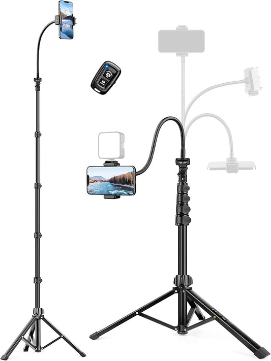 Phone Tripod Stand, 85" Tall Cellphone Tripod for iPhone with Gooseneck Remote, Flexible Portable Phone Stand for Recording, Compatible with iPhone 14 13 12 pro Android Camera