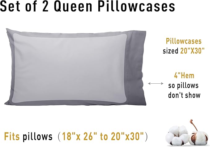 Sunflower Queen Pillowcases Set of 2, 100% Cotton Queen Pillow Cases 2, 20×30 inches Frost Gray, Soft and Breathable