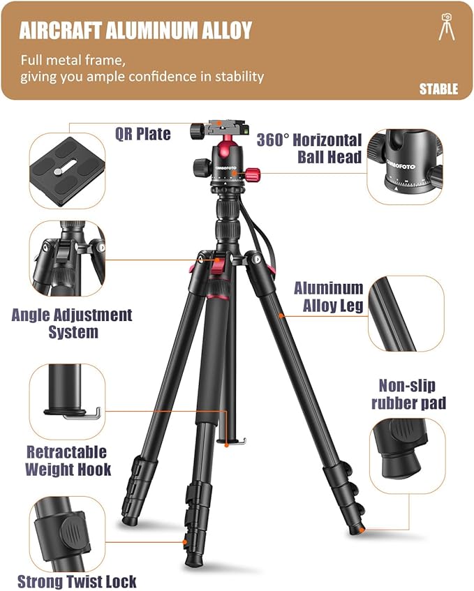 80"-Professional-DSLR-Camera-Tripod, SLR Ball Head Aluminum Photography Tri pod & Monopod with Carry Bag Compatible with Canon/Nikon/Binoculars/Telescope (Weight 3.6 Lbs, 33Lbs Load)