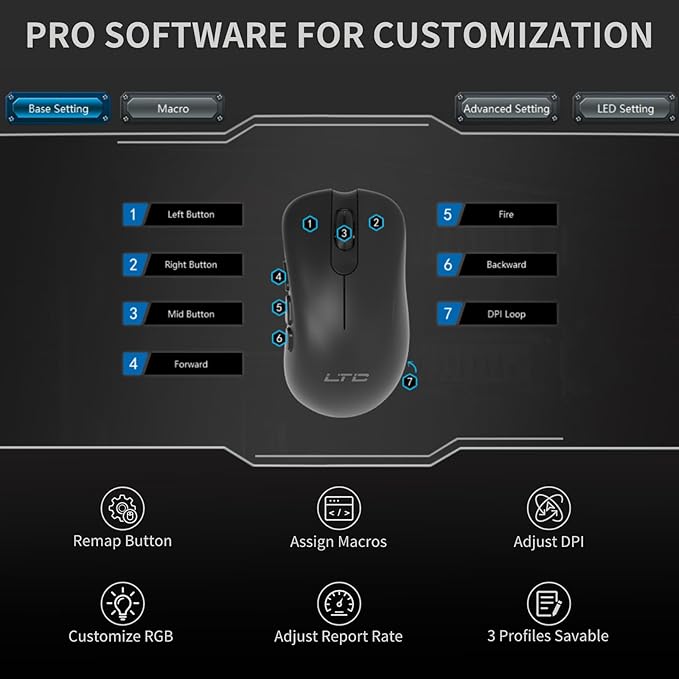LTC GM-031 Wired Gaming Mouse, 7200 DPI Adjustable, 6 Programmable Macro Buttons, 4 RGB Backlit Mode, Ergonomic Shape, Software Support for Customization, Black