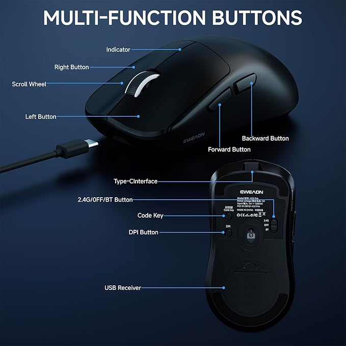 X23Pro Wireless Gaming Mouse, 2.4G/BT5.0/USB-C Esports Gaming Mouse, 800mAh Rechargeable Lightweight Mouse Gaming, 12000 DPI Wireless Mouse with 6 Programmable Buttons,for Laptop/PC/Mac, Black