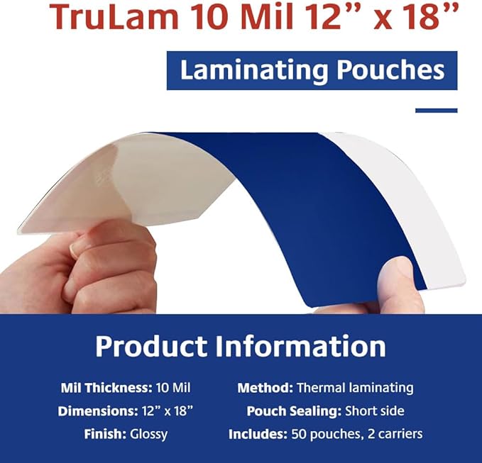 TruLam 10 Mil Laminating Pouches with Rounded Corners | Menu Large Size | 12 in. x 18 in. | Glossy Finish | Premium Adhesive for High-Clarity | 2 Carriers Included | 50 Pack