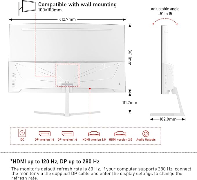 27 Inch PC Computer Screen,1800R Curved Gaming 280Hz Monitors, FHD 1080p 1ms, Freesync, 98% sRGB,178 ° Angle View HDMI2.0、DisplayPort, Compatible with Wall-Mounted 100 * 100MM-White