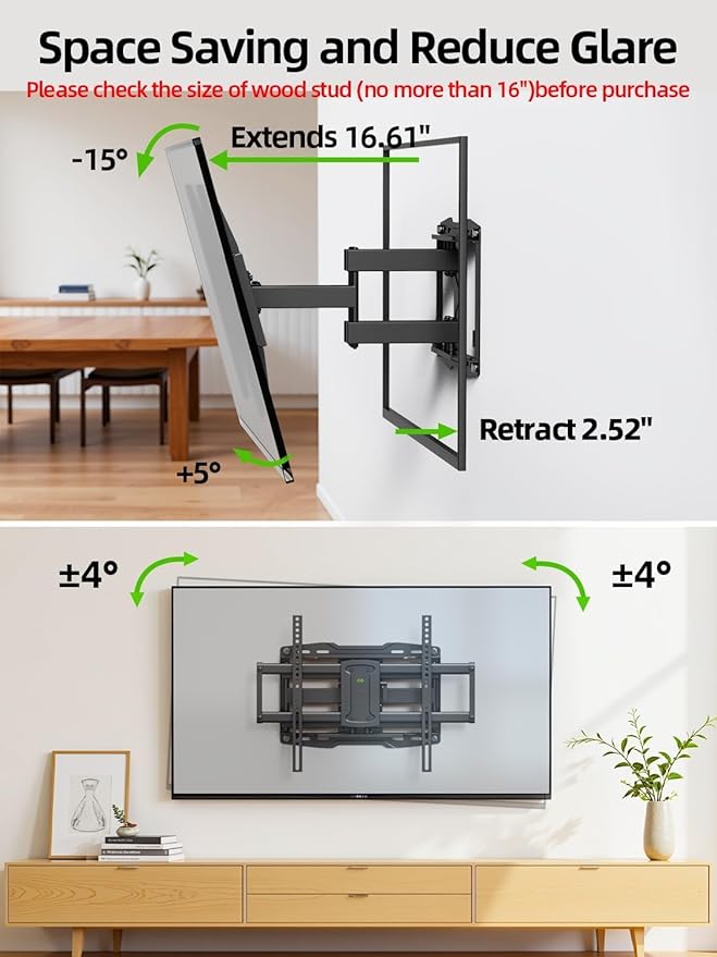 USX Mount Full Motion TV Wall Mount for 42-85 inch, TV Mount Swivel and Tilt,Wall Mount Bracket with Dual Articulating Arms Up to 132lbs, VESA 600x400mm, Max 16" Wood Studs, UL Listed XML019