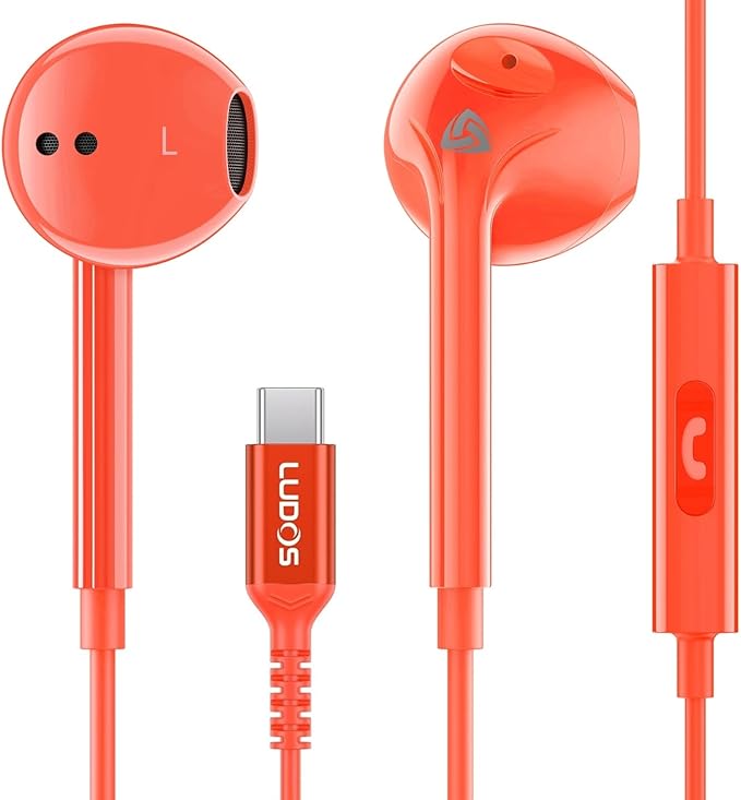 LUDOS Zenith USB C Headphones for iPhone 17 16 15 Pro Max Plus Air iPad Pro Air, 2 Years Warranty, USB-C Earbuds for Samsung Galaxy S24 S23 Ultra S22 S21 S20 A55 A54 A53, USB Type C Earphones - Coral