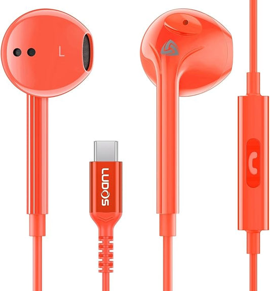 LUDOS Zenith USB C Headphones for iPhone 17 16 15 Pro Max Plus Air iPad Pro Air, 2 Years Warranty, USB-C Earbuds for Samsung Galaxy S24 S23 Ultra S22 S21 S20 A55 A54 A53, USB Type C Earphones - Coral