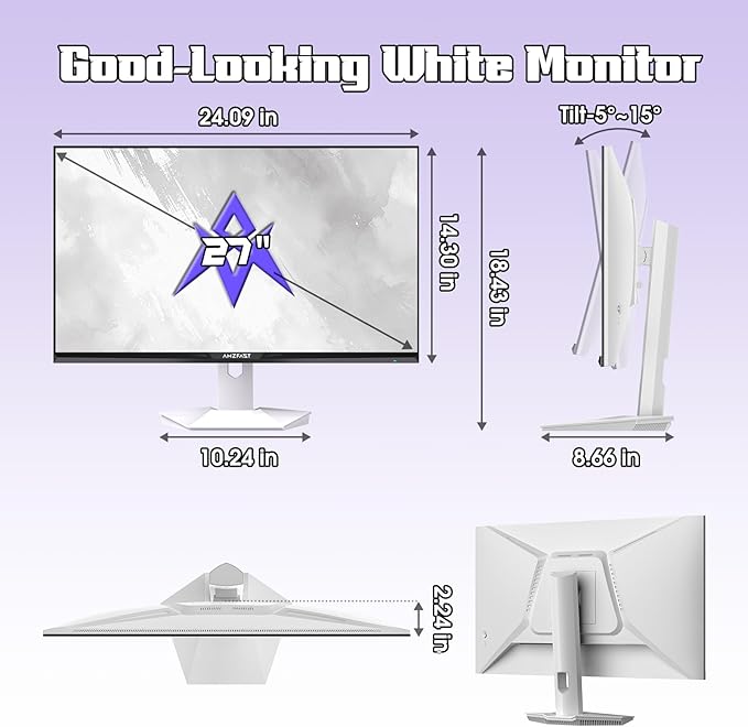 Amzfast 27 inch 1440P 200Hz/180Hz White Gaming Monitor, WQHD (2560 ×1440),MPRT 1ms Fast IPS | HDR400 & TÜV Rheinland Eye Care & Multiple Game Assistant & Two Year Warranty Exchange(HDMI & DP Cable)