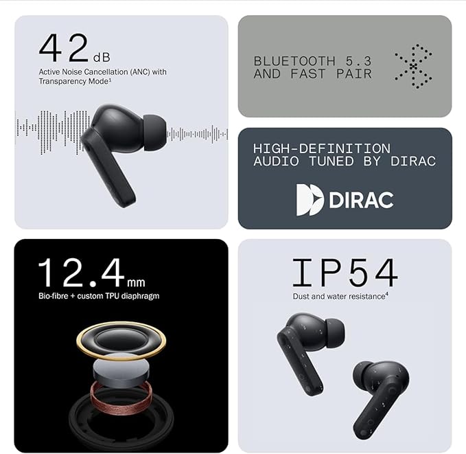 CMF Buds Wireless Bluetooth Earbuds, 42dB Noise Cancelling Earbuds, Dirac HD Audio, 35.5H Playtime, BT5.3, IP54 Waterproof, 4HD Mics Wireless Headphones for iPhone & Android (Dark Grey)