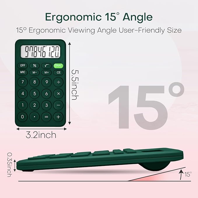 Cute Basic Four Function Calculator for Teachers & Students - Small Handheld, 8 Digit LCD Display, Sensitive Buttons, 5.5 x 3.2 inches, Deep Green