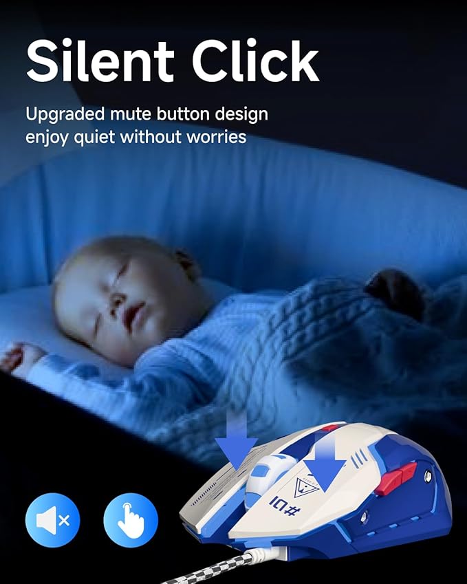 EWEADN G10 Wired Gaming Mouse, Computer Mouse with RGB Backlit, 3200 DPI Adjustable, Quiet Clicks, Ergonomic Wired Mouses with 6 Buttons and 4.2FT Cord, USB Mouse for PC/Win/Laptop, White-Blue