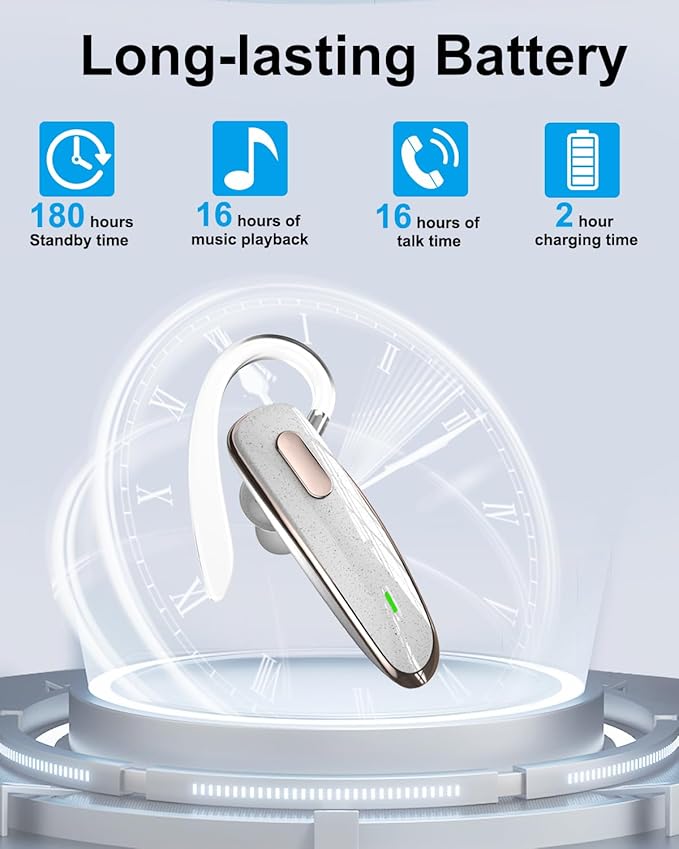 Bluetooth Headset, V5.1 Ultralight Wireless Handsfree Earpiece Cell Phone with Noise Cancellation Microphone for iOS Android Trucker Driver- White