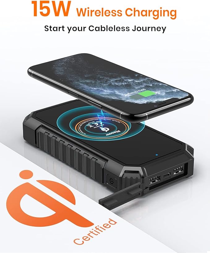 Riapow Solar Charger Power Bank - 26800mAh Wireless Portable Charger with USB C – PD QC3.0 Fast Charging Battery Bank - External Battery Pack with 4 Outputs for Phone Tablet, 2 Flashlight for Camping