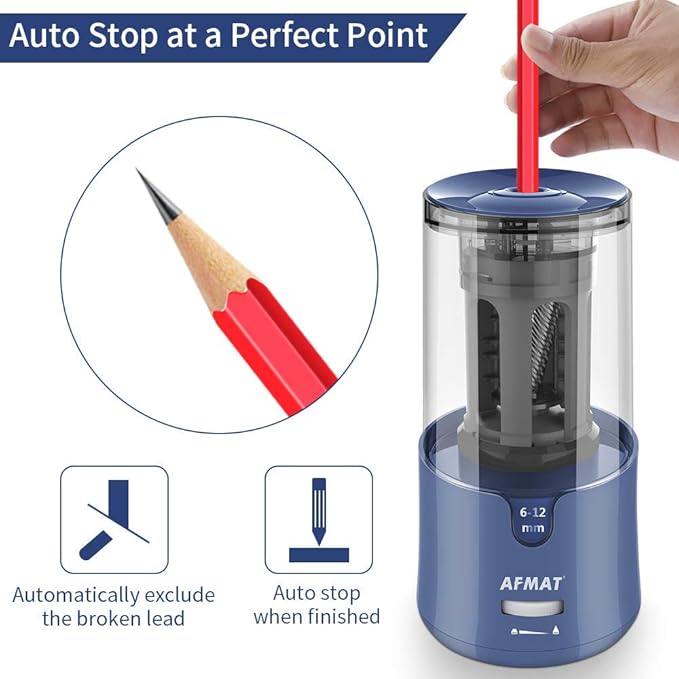 AFMAT PS93 Pencil Sharpener, Electric Pencil Sharpener for Colored Pencils, Auto Stop, Fast Sharpen in 3s, Large Hole Pencil Sharpeners Plug in for 6-12mm No.2/Jumbo Pencils - Blue
