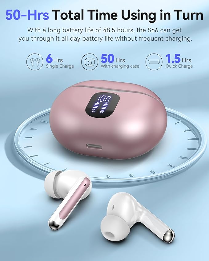 Bluetooth Headphones True Wireless Earbuds 42H Playback LED Power Display Earphones with Charging Case IPX7 Waterproof in-Ear Ear Buds with Mic for Sports, Rose Gold