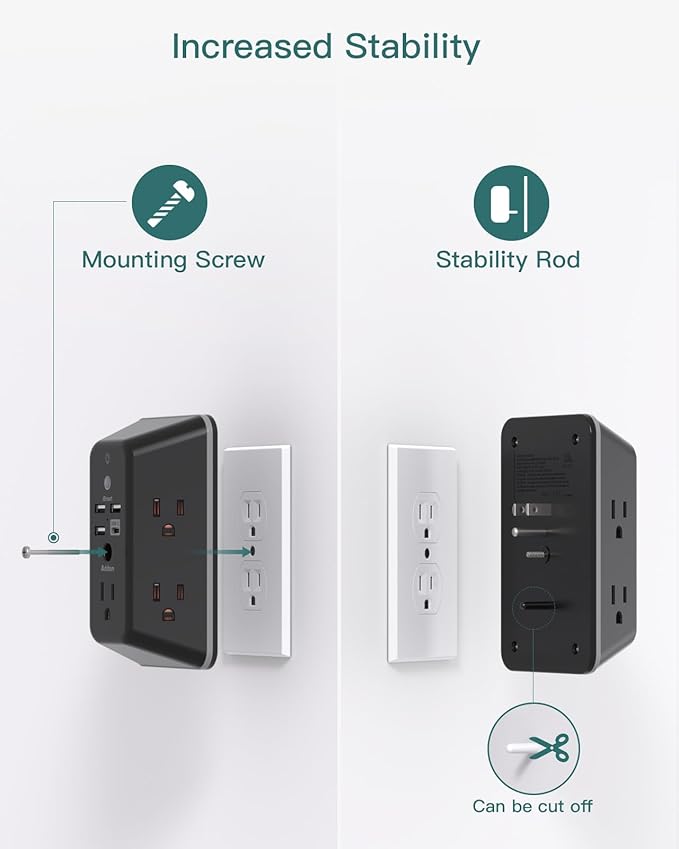 Surge Protector, Outlet Extender with Night Light, Addtam 5-Outlet Splitter and 4 USB Ports(1 USB C), Multi Plug Wall Outlet for Home Office Dorm Room Essentials Black