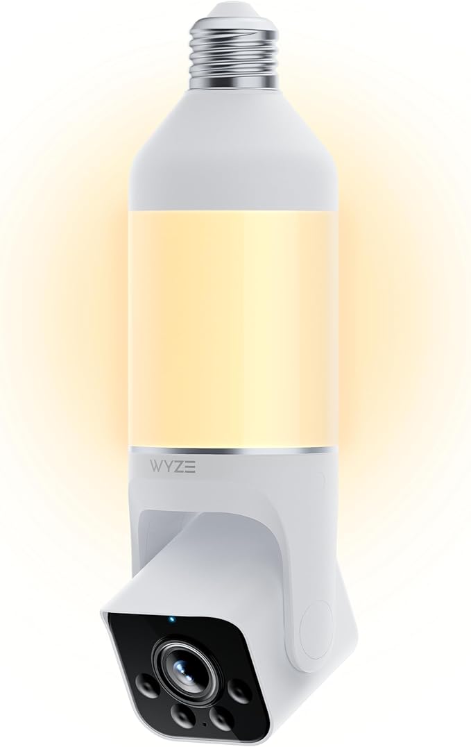 WYZE Bulb Cam Security Camera, 2K HD Outdoor Light Bulb Camera, Color Night Vision, Dimmable LED Bulb, Motion Detection, Siren Alarm, Works w/Alexa/Google Assistant. Free Expert Support